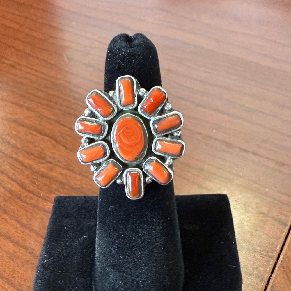 925 Sterling Silver Coral Statement Ring -Adjustable Size